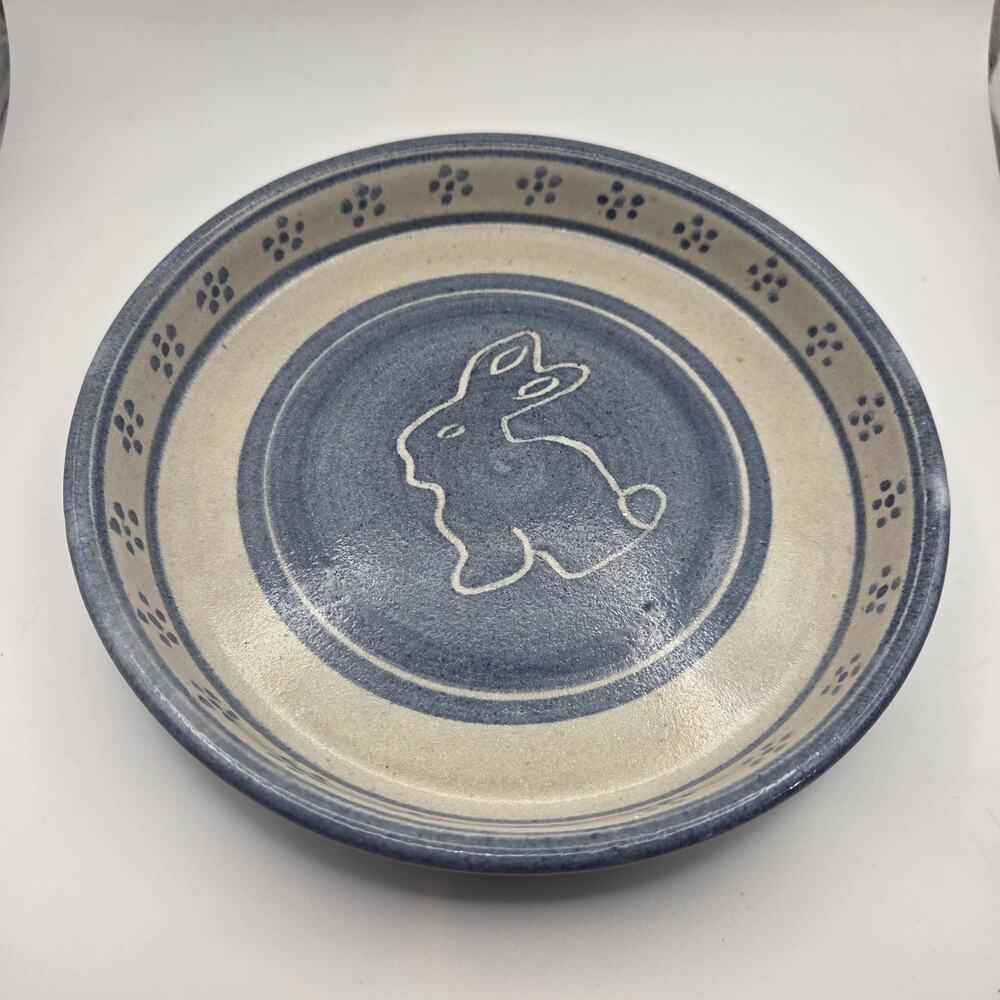 Studio Art Pottery Hand Thrown Shallow Bowl Folk Art Bunny Rabbit drs Tan & Blue